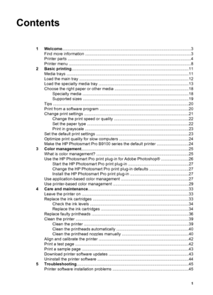 Page 4Contents
1Welcome.................................................................................................................3
Find more information .............................................................................................3
Printer parts ............................................................................................................4
Printer menu ...........................................................................................................8
2 Basic...