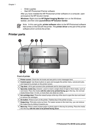 Page 7– Order supplies
– Start HP Photosmart Premier software
After you have installed the HP Photosmart printer software on a computer, open
and explore the HP Solution Center.
Windows: Right-click the HP Digital Imaging Monitor icon on the Windows
taskbar, and then click Launch/Show HP Solution Center.
NoteIn this user guide, printer software refers to the HP Photosmart software
that comes on the CD with the printer. The printer driver is the part of the printer
software which controls the printer.
Printer...