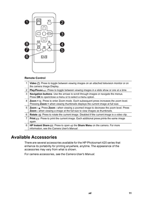 Page 16Remote Control
1Video : Press to toggle between viewing images on an attached television monitor or on
the camera Image Display.
2Play/Pause : Press to toggle between viewing images in a slide show or one at a time.
3Navigation buttons: Use the arrows to scroll through images or navigate the menus.
Press OK to open/close a menu or to select a menu option.
4Zoom + : Press to enter Zoom mode. Each subsequent press increases the zoom level.
Pressing Zoom + when viewing thumbnails displays the current image...