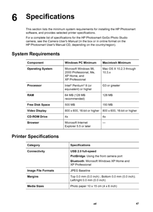 Page 526Specifications
This section lists the minimum system requirements for installing the HP Photosmart
software, and provides selected printer specifications.
For a complete list of specifications for the HP Photosmart GoGo Photo Studio
camera, see the Camera Users Manual (in the box or in online format on the
HP Photosmart Users Manual CD, depending on the country/region).
System Requirements
ComponentWindows PC MinimumMacintosh Minimum
Operating SystemMicrosoft Windows 98,
2000 Professional, Me,
XP Home,...