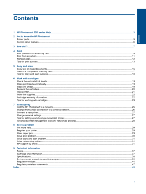 Page 3Contents
1 HP Photosmart 5510 series Help......................................................................................................................................3
2 Get to know the HP Photosmart
Printer parts..........................................................................................................................................................................5
Control panel...