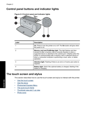 Page 12Control panel buttons and indicator lights
Figure 2-3 Control panel and indicator lights
LabelDescription
1On: Press to turn the printer on or off. The On button will glow when
the power is on.
2Memory card and PictBridge light: This light flashes and then
remains lit after a memory card is correctly inserted or when a
supported device is attached to the camera port. It flashes when the
printer is communicating with a memory card or attached device or
when a connected computer is performing a read,...