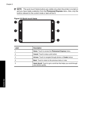 Page 16NOTE:The quick touch frame buttons are visible only when the printer is turned on
and you have made a selection from the Photosmart Express menu. Also, only the
buttons relevant to the current mode or task will be lit.
Figure 2-5 Quick touch frame
LabelDescription
1Home: Touch to access the Photosmart Express menu.
2Cancel: Touch to stop a print action.
3Arrows: Touch to navigate through photos or Create menus.
4Back: Touch to return to the previous menu or view.
5Quick Scroll: Touch to get a scroll bar...