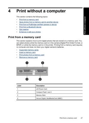 Page 294 Print without a computer
This section contains the following topics:
•
Print from a memory card
•
Save photos from a memory card to another device
•
Print from a PictBridge-certified camera or device
•
Print from a Bluetooth device
•
Get creative
•
Enhance or edit your photos
Print from a memory card
This section explains how to print digital photos that are stored on a memory card. You
can select photos while the memory card is in the camera (Digital Print Order Format, or
DPOF) or while the memory...