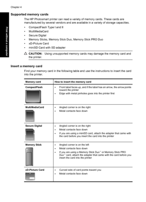 Page 30Supported memory cards
The HP Photosmart printer can read a variety of memory cards. These cards are
manufactured by several vendors and are available in a variety of storage capacities.
• CompactFlash Type I and II
• MultiMediaCard
• Secure Digital
• Memory Sticks, Memory Stick Duo, Memory Stick PRO Duo
• xD-Picture Card
• miniSD Card with SD adapter
CAUTION:Using unsupported memory cards may damage the memory card and
the printer.
Insert a memory card
Find your memory card in the following table and...