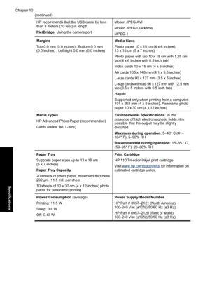 Page 90HP recommends that the USB cable be less
than 3 meters (10 feet) in length
PictBridge: Using the camera portMotion JPEG AVI
Motion JPEG Quicktime
MPEG-1
Margins
Top 0.0 mm (0.0 inches) ; Bottom 0.0 mm
(0.0 inches) ; Left/right 0.0 mm (0.0 inches)Media Sizes
Photo paper 10 x 15 cm (4 x 6 inches),
13 x 18 cm (5 x 7 inches)
Photo paper with tab 10 x 15 cm with 1.25 cm
tab (4 x 6 inches with 0.5 inch tab)
Index cards 10 x 15 cm (4 x 6 inches)
A6 cards 105 x 148 mm (4.1 x 5.8 inches)
L-size cards 90 x 127 mm...