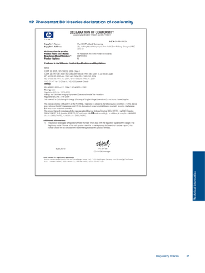 Page 37HP Photosmart B010 series declaration of conformity
Regulatory notices 35
Technical information
 