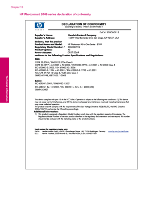 Page 110HP Photosmart B109 series declaration of conformity
Chapter 13
108 Technical information
Technical information
 