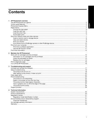 Page 4
Contents
1 HP Photosmart overviewThe HP Photosmart at a glance.................................................................................................. .........................................2
Control panel features......................................................................................................... .................................................2
Photosmart Express...