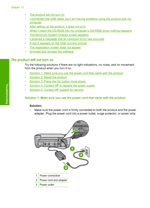 Page 103
•The product will not turn on
•
I connected the USB cable, but I am having problems using the product with my
computer
•
After setting up the product, it does not print
•
When I insert the CD-ROM into my computer’s CD-ROM drive, nothing happens
•
The Minimum System Checks screen appears
•
I received a message that an Unknown Error has occurred
•
A red X appears on the USB connect prompt
•
The registration screen does not appear
•
Uninstall and reinstall the software
The product will not turn on
Try the...