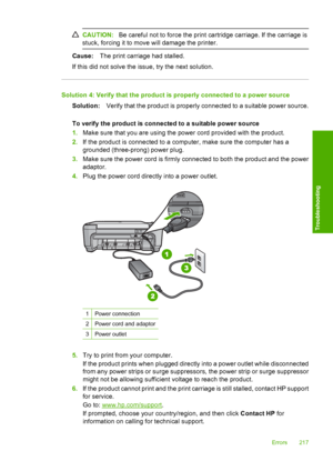 Page 220
CAUTION:Be careful not to force the print ca rtridge carriage. If the carriage is
stuck, forcing it to move will damage the printer.
Cause: The print carriage had stalled.
If this did not solve the issue, try the next solution.
Solution 4: Verify that the product is properly connected to a power source Solution: Verify that the product is properly connected to a suitable power source.
To verify the product is connected to a suitable power source
1. Make sure that you are using the power cord provided...