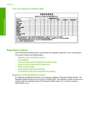 Page 131
Toxic and hazardous substance table
Regulatory notices
The HP Photosmart meets product requirements from regulatory agencies in your country/region.
This section contains the following topics:
•
Regulatory model identification number
•
FCC statement
•
VCCI (Class B) compliance statement for users in Japan
•
Notice to users in Japan about the power cord
•
Notice to users in Korea
•
Noise emission statement for Germany
•
HP Photosmart C4600 series  declaration of conformity
Regulatory model identification...