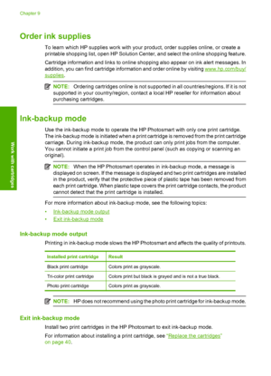 Page 45
Order ink supplies
To learn which HP supplies work with your product, order supplies online, or create a
printable shopping list, open HP Solution Center, and select the online shopping feature.
Cartridge information and links to online shopping also appear on ink alert messages. In
addition, you can find cartridge information and order online by visiting 
www.hp.com/buy/
supplies .
NOTE: Ordering cartridges online is not supported in all countries/regions. If it is not
supported in your country/region,...