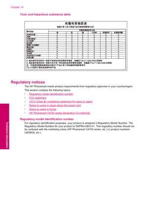 Page 112Toxic and hazardous substance table
Regulatory notices
The HP Photosmart meets product requirements from regulatory agencies in your country/region.
This section contains the following topics:
•
Regulatory model identification number
•
FCC statement
•
VCCI (Class B) compliance statement for users in Japan
•
Notice to users in Japan about the power cord
•
Notice to users in Korea
•
HP Photosmart C4700 series declaration of conformity
Regulatory model identification number
For regulatory identification...