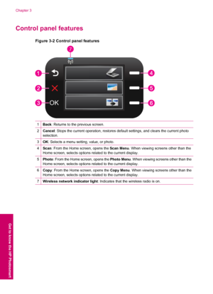 Page 14Control panel features
Figure 3-2 Control panel features
2.
7
1Back: Returns to the previous screen.
2Cancel: Stops the current operation, restores default settings, and clears the current photo
selection.
3OK: Selects a menu setting, value, or photo.
4Scan: From the Home screen, opens the Scan Menu. When viewing screens other than the
Home screen, selects options related to the current display.
5Photo: From the Home screen, opens the Photo Menu. When viewing screens other than the
Home screen, selects...