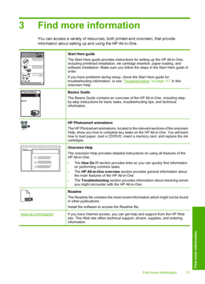 Page 20
3 Find more information
You can access a variety of resources, both printed and onscreen, that provide
information about setting up and using the HP All-in-One.
Start Here guide
The Start Here guide provides instructions for setting up the HP All-in-One,
including printhead installation, ink cartridge insertion, paper loading, and
software installation. Make sure you follow the steps in the Start Here guide in
order.
If you have problems during setup, check the Start Here guide for
troubleshooting...