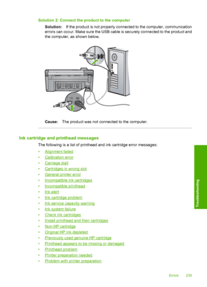 Page 238
Solution 2: Connect the product to the computer
Solution: If the product is not properly connected to the computer, communication
errors can occur. Make sure the USB cable is securely connected to the product and
the computer, as shown below.
Cause: The product was not connected to the computer.
Ink cartridge and printhead messages
The following is a list of printhead and ink cartridge error messages:
•
Alignment failed
•
Calibration error
•
Carriage stall
•
Cartridges in wrong slot
•
General printer...