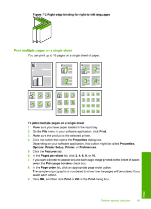 Page 68
Figure 7-2 Right-edge binding for right-to-left languages
Print multiple pages on a single sheet
You can print up to 16 pages on a single sheet of paper.
To print multiple pages on a single sheet
1.Make sure you have paper loaded in the input tray.
2. On the  File menu in your software application, click  Print.
3. Make sure the product is  the selected printer.
4. Click the button that opens the  Properties dialog box.
Depending on your software application, this button might be called  Properties,...