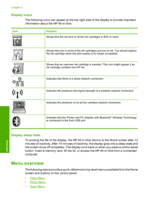 Page 15
Display icons
The following icons can appear at the top right side of the display to provide important
information about the HP All-in-One.
IconPurpose
Shows that the ink level in all the ink cartridges is 50% or more.
Shows that one or more of the ink cartri dges are low on ink. You should replace
the ink cartridge when the print quality is no longer acceptable.
Shows that an unknown ink cartridge is inserted. This icon might appear if an
ink cartridge contains non-HP ink.
Indicates that there is a...