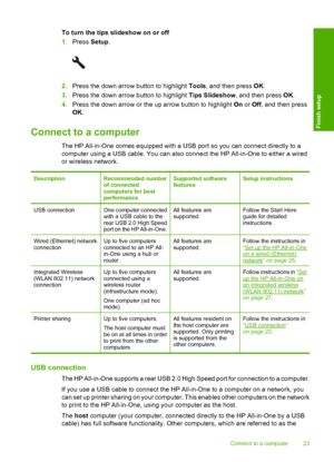 Page 26
To turn the tips slideshow on or off
1.Press  Setup.
2.Press the down arrow button to highlight  Tools, and then press  OK.
3. Press the down arrow button to highlight  Tips Slideshow, and then press  OK.
4. Press the down arrow or the up arrow button to highlight  On or  Off, and then press
OK .
Connect to a computer
The HP All-in-One comes equipped with a USB port so you can connect directly to a
computer using a USB cable. You can also connect the HP All-in-One to either a wired
or wireless network....
