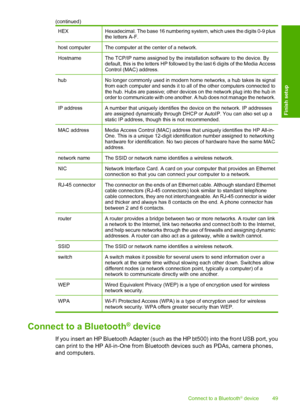 Page 52
HEXHexadecimal. The base 16 numbering system, which uses the digits 0-9 plus
the letters A-F.
host computerThe computer at the center of a network.
HostnameThe TCP/IP name assigned by the installation software to the device. By
default, this is the letters HP followed  by the last 6 digits of the Media Access
Control (MAC) address.
hubNo longer commonly used in modern home networks, a hub takes its signal
from each computer and sends it to all of the other computers connected to
the hub. Hubs are...