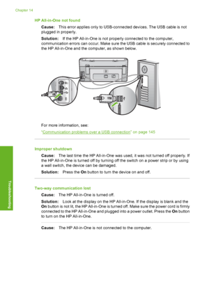 Page 203
HP All-in-One not foundCause: This error applies only to USB-connected devices. The USB cable is not
plugged in properly.
Solution: If the HP All-in-One is not properly connected to the computer,
communication errors can occu r. Make sure the USB cable is securely connected to
the HP All-in-One and the computer, as shown below.
For more information, see:
“
Communication problems over a USB connection” on page 145
Improper shutdown
Cause: The last time the HP All-in-One was used, it was not turned off...