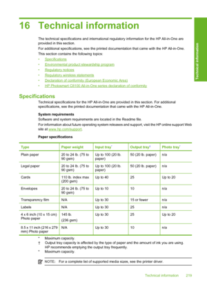 Page 220
16 Technical information
The technical specifications and international regulatory information for the HP All-in-One are
provided in this section.
For additional specifications, see  the printed documentation that came with the HP All-in-One.
This section contains  the following topics:
•
Specifications
•
Environmental product stewardship program
•
Regulatory notices
•
Regulatory wireless statements
•
Declaration of conformity (European Economic Area)
•
HP Photosmart C8100 All-in-One se ries declaration...