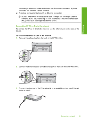 Page 32
connector) is wider and thicker and always has 8 contacts on the end. A phone
connector has between 2 and 6 contacts.
❑ A desktop computer or laptop with an Ethernet connection.
NOTE:
The HP All-in-One supports both 10 Mbps and 100 Mbps Ethernet
networks. If you are purchasing, or have purchased, a network interface card
(NIC), make sure it can operate at either speed.
Connect the HP All-in -One to the network
To connect the HP All-in-One to the network, use the Ethernet port on the back of the
device....