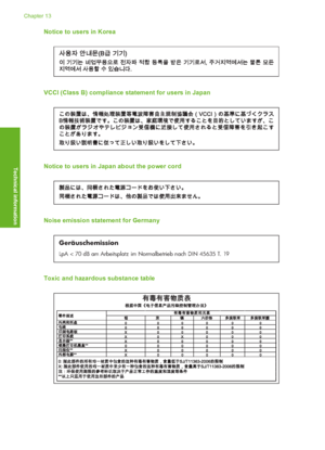 Page 143
Notice to users in Korea
VCCI (Class B) compliance statement for users in Japan
Notice to users in Japan about the power cord
Noise emission statement for Germany
Geräuschemission
LpA < 70 dB am Arbeitsplatz im Normalbetrieb nach DIN 45635 T. 19
Toxic and hazardous substance table
Chapter 13
142 Technical information
Technical information
 