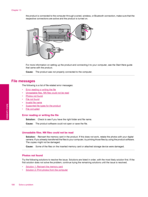 Page 190the product is connected to the computer through a wired, wireless, or Bluetooth connection, make sure that the
respective connections are active and the product is turned on.
For more information on setting up the product and connecting it to your computer, see the Start Here guide
that came with the product.
Cause:The product was not properly connected to the computer.
File messages
The following is a list of file-related error messages:
•
Error reading or writing the file
•
Unreadable files. NN files...