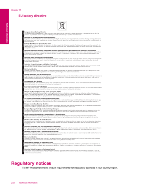 Page 234EU battery directive
European Union Battery Directive
This product contains a battery that is used to maintain data integrity of real time clock or product settings and is designed to last the life of the 
product.  Any attempt to service or replace this battery should be performed by a qualified service technician.
Directive sur les batteries de l'Union Européenne
Ce produit contient une batterie qui permet de maintenir l'intégrité des données pour les paramètres du produit ou l'horloge en...