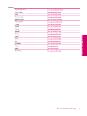 Page 29Switzerland (German)www.hp.com/ch/de/faxconfig
United Kingdomwww.hp.com/uk/faxconfig
Spainwww.hp.com/es/faxconfig
The Netherlandswww.hp.com/nl/faxconfig
Belgium (France)www.hp.com/be/fr/faxconfig
Belgium (Dutch)www.hp.com/be/nl/faxconfig
Portugalwww.hp.com/pt/faxconfig
Swedenwww.hp.com/se/faxconfig
Finlandwww.hp.com/fi/faxconfig
Denmarkwww.hp.com/dk/faxconfig
Norwaywww.hp.com/no/faxconfig
Irelandwww.hp.com/ie/faxconfig
Francewww.hp.com/fr/faxconfig
Italywww.hp.com/it/faxconfig
South...