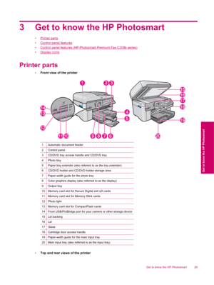 Page 313 Get to know the HP Photosmart
•Printer parts
•
Control panel features
•
Control panel features (HP Photosmart Premium Fax C309b series)
•
Display icons
Printer parts
•Front view of the printer
1Automatic document feeder
2Control panel
3CD/DVD tray access handle and CD/DVD tray
4Photo tray
5Paper tray extender (also referred to as the tray extender)
6CD/DVD holder and CD/DVD holder storage area
7Paper-width guide for the photo tray
8Color graphics display (also referred to as the display)
9Output tray...