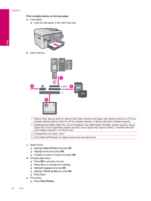 Page 50Print multiple photos on full-size paper
a. Load paper.
❑Load full-size paper in the main input tray.
b. Insert memory.
1Memory Stick, Memory Stick Pro, Memory Stick Select, Memory Stick Magic Gate, Memory Stick Duo or Pro Duo
(adapter optional), Memory Stick Pro-HG Duo (adapter optional), or Memory Stick Micro (adapter required)
2MultiMediaCard (MMC), MMC Plus, Secure MultiMedia Card, MMC Mobile (RS-MMC; adapter required), Secure
Digital (SD), Secure Digital Mini (adapter required), Secure Digital High...