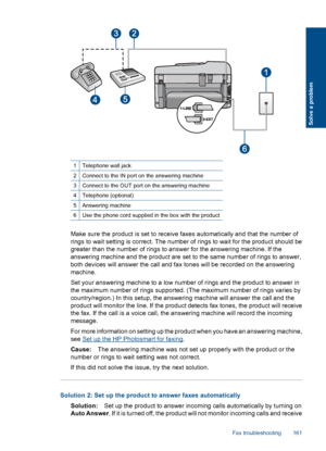 Page 1631Telephone wall jack
2Connect to the IN port on the answering machine
3Connect to the OUT port on the answering machine
4Telephone (optional)
5Answering machine
6Use the phone cord supplied in the box with the product
Make sure the product is set to receive faxes automatically and that the number of
rings to wait setting is correct. The number of rings to wait for the product should be
greater than the number of rings to answer for the answering machine. If the
answering machine and the product are set...