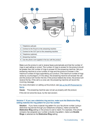 Page 1671Telephone wall jack
2Connect to the IN port on the answering machine
3Connect to the OUT port on the answering machine
4Telephone (optional)
5Answering machine
6Use the phone cord supplied in the box with the product
Make sure the product is set to receive faxes automatically and that the number of
rings to wait setting is correct. The number of rings to answer for the product should
be greater than the number of rings to answer for the answering machine. Set your
answering machine to a low number of...