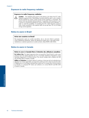 Page 44Exposure to radio frequency radiation
Notice to users in Brazil
Notice to users in Canada
Chapter 9
42 Technical information
Technical information
 