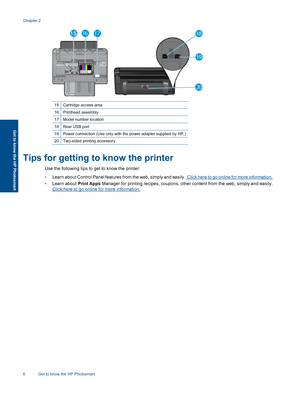 Page 815Cartridge access area
16Printhead assembly
17Model number location
18Rear USB port
19Power connection (Use only with the power adapter supplied by HP.)
20Two-sided printing accessory
Tips for getting to know the printer
Use the following tips to get to know the printer:
•Learn about Control Panel features from the web, simply and easily.  Click here to go online for more information.
•Learn about Print Apps Manager for printing recipes, coupons, other content from the web, simply and easily.
Click here...