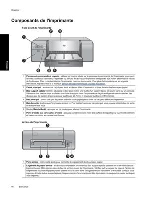 Page 49Composants de limprimante
Face avant de limprimante
1Panneau de commande et voyants : utilisez les boutons situés sur le panneau de commande de limprimante pour ouvrir
la boîte à outils sur lordinateur, reprendre ou annuler des travaux dimpression et répondre aux invites affichées sur lécran
de lordinateur. Pour contrôler létat de limprimante, observez les voyants. Pour plus dinformations sur les voyants
indicateurs, reportez-vous à la rubrique 
Erreurs et comportement des voyants indicateurs.
2Capot...