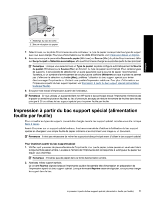 Page 561Rallonge du bac de sortie
2Bac de réception du papier
7.Sélectionnez, sur le pilote dimprimante de votre ordinateur, le type de papier correspondant au type de support
que vous avez chargé. Pour plus dinformations sur le pilote dimprimante, voir 
Impression depuis un logiciel.
8.Assurez-vous que le paramètre Source du papier (Windows) ou Source (Mac) du pilote dimprimante est défini
sur Bac principal ou Sélection automatique, afin que limprimante charge les supports à partir du bac principal....