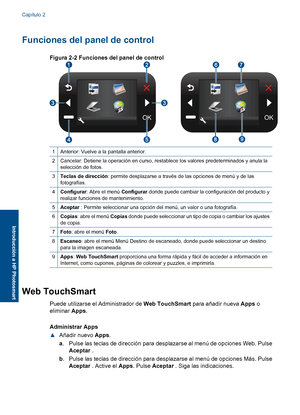 Page 9
Funciones del panel de control
Figura 2-2 Funciones del panel de control
2.2.
1Anterior: Vuelve a la pantalla anterior.
2Cancelar: Detiene la operación en curso, restablece los valores predeterminados y anula la
selección de fotos.
3Teclas de dirección : permite desplazarse a través  de las opciones de menú y de las
fotografías.
4Configurar : Abre el menú  Configurar donde puede cambiar la configuración del producto y
realizar funciones de mantenimiento.
5Aceptar  : Permite seleccionar una opción del...