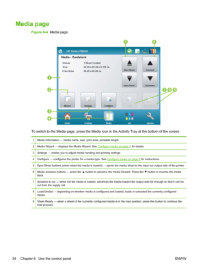 Page 40Media page
Figure 6-4  Media page





	

To switch to the Media page, press the Media icon in the Activity Tray at the bottom of the screen.
1 Media information — media name, size, print area, printable length
2 Media Wizard — displays the Media Wizard. See 
Configure media on page 9 for details.
3 Settings — enbles you to adjust media handing and printing settings.
4 Configure — configures the printer for a media type. See 
Configure media on page 9 for instructions.
5 Eject Sheet buttons (when...