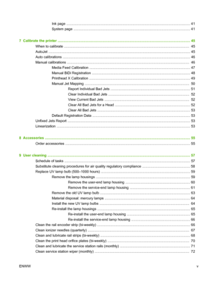 Page 5Ink page ............................................................................................................................. 41
System page ...................................................................................................................... 41
7  Calibrate the printer ...................................................................................................................................... 45
When to calibrate...