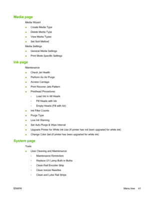 Page 47Media page
Media Wizard
●Create Media Type
●Delete Media Type
●View Media Types
●Set Sort Method
Media Settings
●General Media Settings
●Print Mode Specific Settings
Ink page
Maintenance
●Check Jet Health
●Perform An Air Purge
●Access Carriage
●Print Recover Jets Pattern
●Printhead Procedures
◦Load Ink In All Heads
◦Fill Heads with Ink
◦Empty Heads (Fill with Air)
●Ink Filter Counts
●Purge Type
●Low Ink Warning
●Set Auto Purge & Wipe Interval
●Upgrade Printer for White Ink Use (if printer has not been...