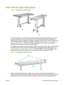 Page 17Work with the rigid media tables
Figure 2-1  Output (1) and input (2) tables
The printer includes a set of standard input and output tables for rigid media handling: one for the
input side of the printer, and one for the output side. These tables are assembled, installed and
leveled when the printer is installed. The tables are designed to be used only when the tabletop is in
the horizontal position and latched to the printer. The latches, see (1) 
Figure 2-2 Table latches and
release cable on page 11,...