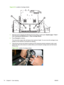 Page 80Figure 9-19  Location of carriage wheels
D
C
A
B
E
1.Raise the rail by selecting the following from the printer’s control panel: System page > Tools >
User Cleaning and Maintenance > Clean Carriage Wheels.
2.Press Proceed to continue.
The rail and the output roller will raise to the maximum height. You can move the carriage to any
position on the rail that is convenient for cleaning.
3.Clean the top service-end wheel by placing an IPA (Isopropyl alcohol) moistened cotton swab
against the side of the...