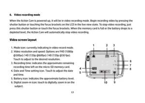 Page 14 
13
6.  Video recording mode 
When the Action Cam is powered up, it will be in video recording mode. Begin recording video by pressing the 
shutter button or touching the focus brackets on the LCD in the live view state. To stop video recording, just 
press this shutter button or touch the focus brackets. When the memory card is full or the battery drops to a 
depleted level, the Action Cam will automatically stop video recording. 
 Video screen layout 
 1. Mode icon: currently indicating in video...