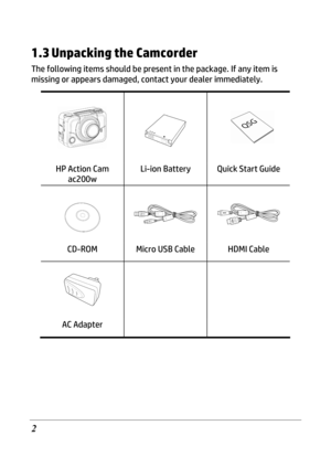 Page 15 
2 
1.3 Unpacking the Camcorder 
The following items should be present in the package. If any item is 
missing or appears damaged, contact your dealer immediately.   
   
HP Action Cam 
ac200w Li-ion Battery  Quick Start Guide 
 
  
CD-ROM  Micro USB Cable  HDMI Cable   
   
AC Adapter      