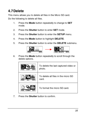 Page 4735 
4.7 Delete 
This menu allows you to delete all files in the Micro SD card. 
Do the following to delete all files. 
1.  Press the  Mode button repeatedly to change to  SET 
mode. 
2.  Press the  Shutter button to enter  SET mode. 
3.  Press the  Shutter button to enter the  SETUP menu.   
4.  Press the  Mode button to highlight  DELETE. 
5.  Press the  Shutter button to enter the  DELETE submenu. 
        
6.  Press the  Mode button repeatedly to scroll through the 
delete options. 
 
To delete the...