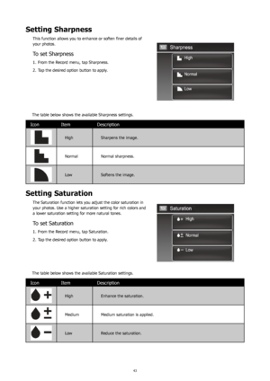 Page 474243
Setting Sharpness
This function allows you to enhance or soften finer details of 
your photos.
To set Sharpness
From the Record menu, tap Sharpness.
1. 
Tap the desired option button to apply.
2. 
The table below shows the available Sharpness settings.
Icon Item Description
High  Sharpens the image.
NormalNormal sharpness.
Low Softens the image.
Setting Saturation
The Saturation function lets you adjust the color saturation in 
your photos. Use a higher saturation setting for rich colors and 
a...